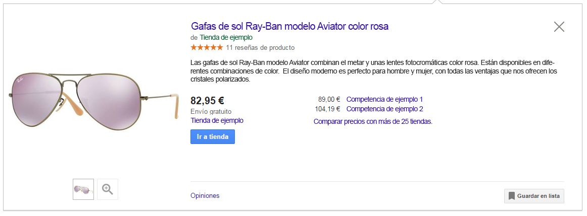 Ejemplo ficticio de ficha de producto en Google Shopping